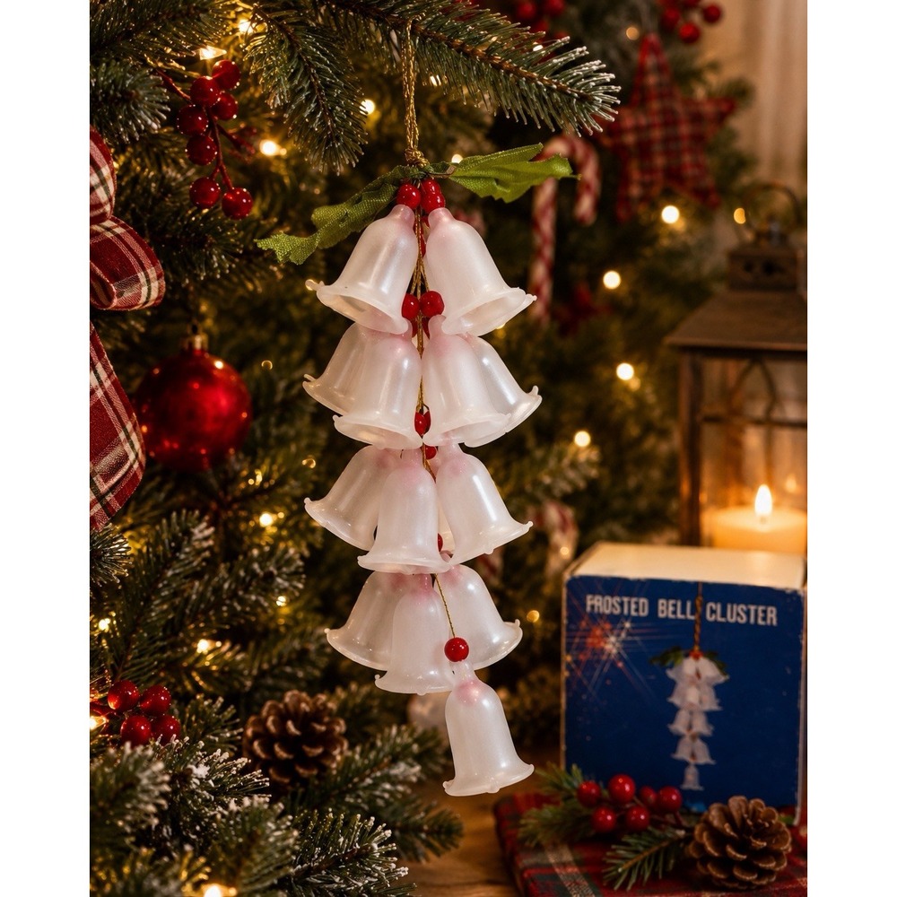 Vintage Frosted Glass Bell Cluster Christmas Ornament Holly Berries w/ Orig box